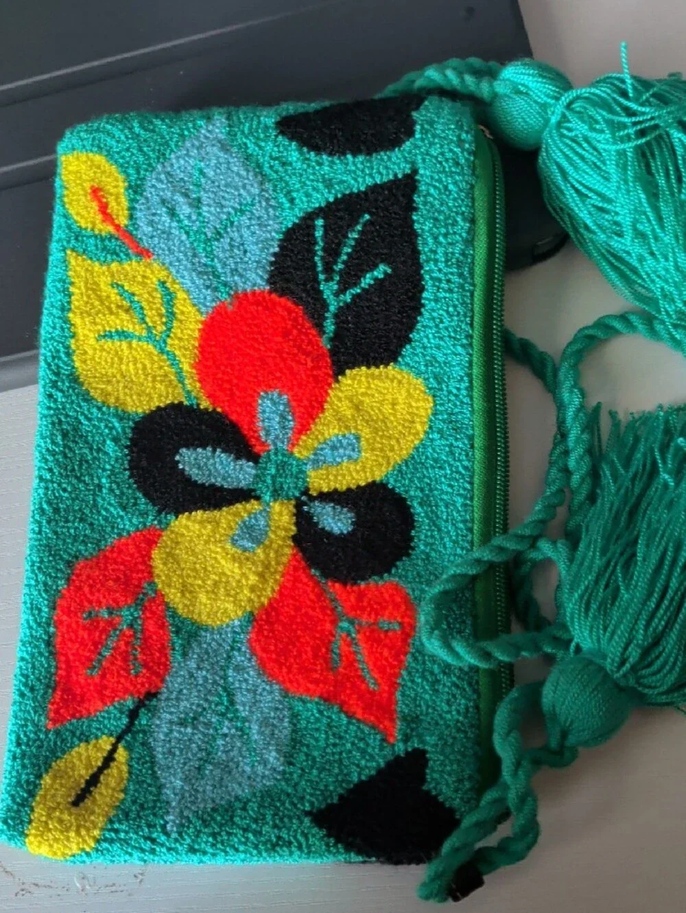 Turquoise Floral Embroidered Tassel Phone Pouch